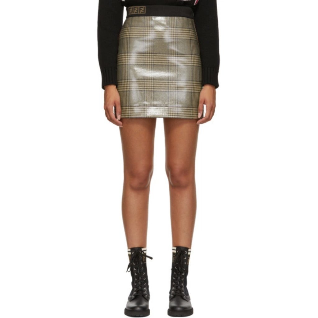Fendi Beige Checked Glazed Wool Prince Of Wales Mini Skirt Sz S